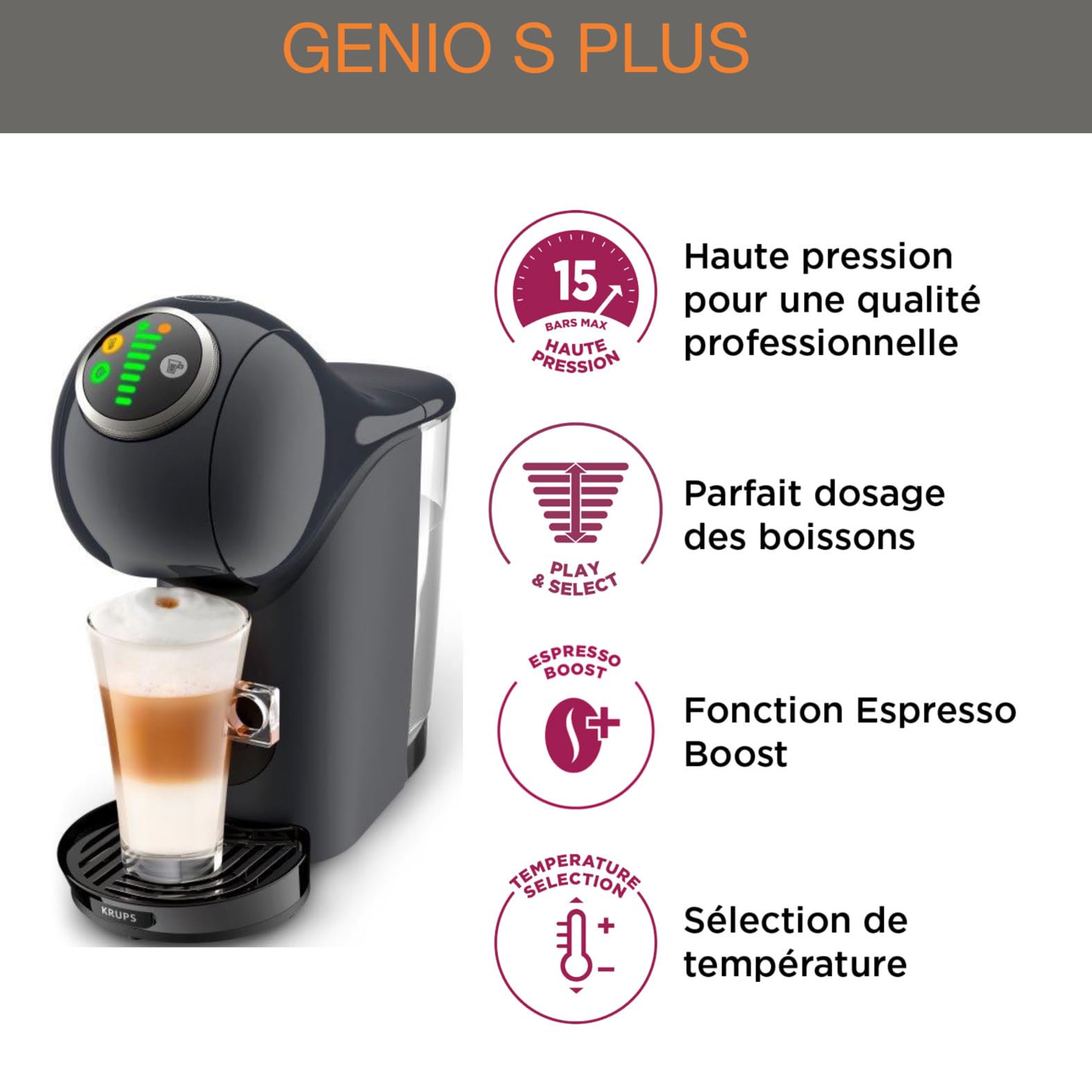 Dolce Gusto Machine à café capsules, Cafetière multi boissons, Pression 15 bars, Capacité 0,8 L, Fonction XL, Arrêt automatique, Genio S Plus gris KP340B10