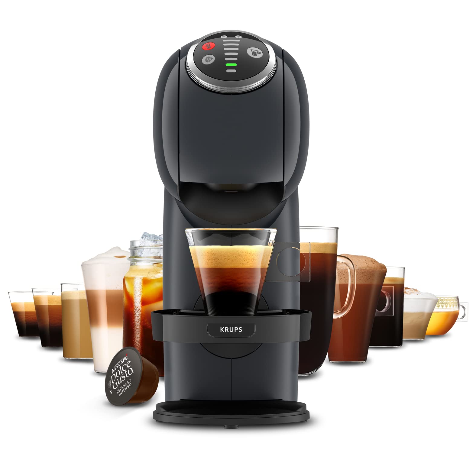 Dolce Gusto Machine à café capsules, Cafetière multi boissons, Pression 15 bars, Capacité 0,8 L, Fonction XL, Arrêt automatique, Genio S Plus gris KP340B10