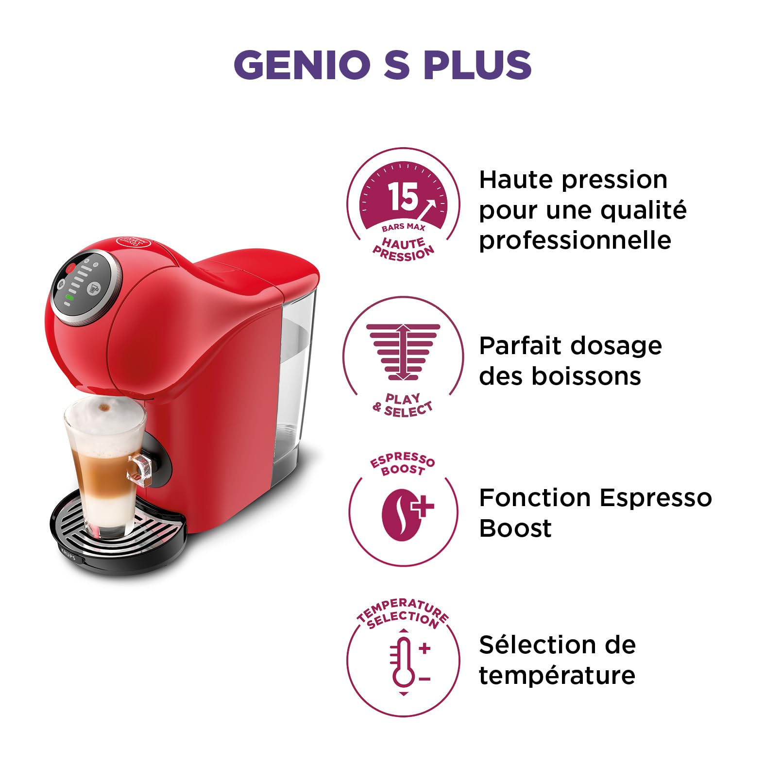 Dolce Gusto Machine à café capsules, 15 bars, Genio S Plus, Rouge KP340510